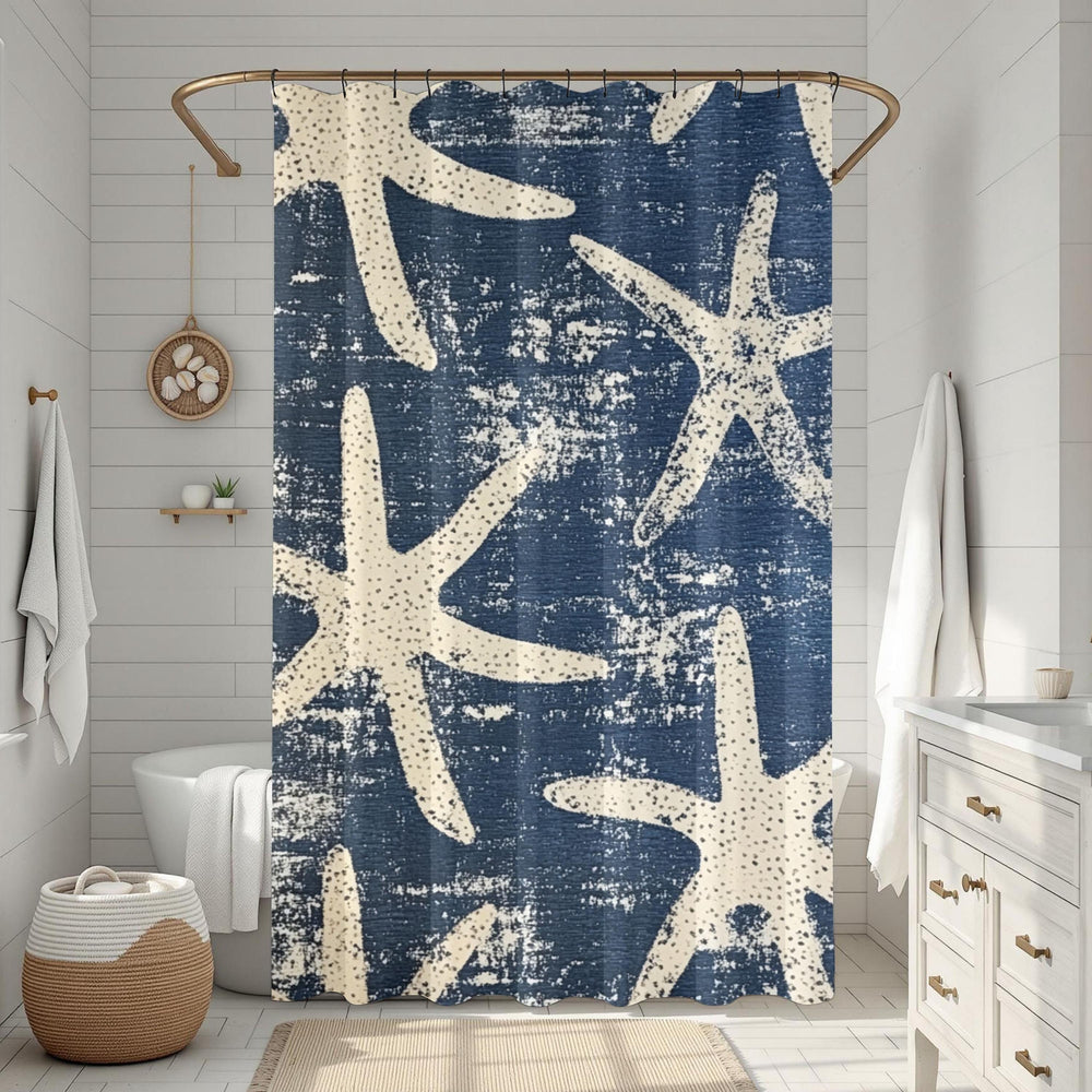 Starfish Shower Curtain, Coastal Bathroom Decor, Navy Blue Beach Bath Curtain, Nautical Ocean Style