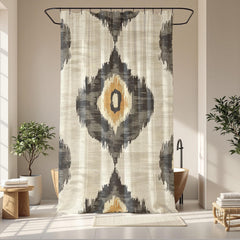 Neutral Ikat Shower Curtain, Modern Tribal Bathroom Decor, Beige Black Bath Curtain, Minimal Pattern Style