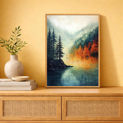 Lake Landscape Wall Art Print, Misty Forest Lake Decor, Autumn Reflection Wall Decor, Serene Nature Canvas Art, Calm Scenic Home Decor