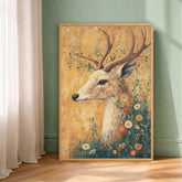 Vintage Deer Wall Art, Woodland Deer Print, Rustic Wildlife Decor, Farmhouse Animal Artwork, Botanical Stag Framed Canvas