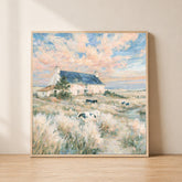 Farmhouse Landscape Wall Art, Cottagecore Country Print, Rustic Cow Pasture Artwork, Vintage Rural Home Decor, Soft Pastel Scene Canvas