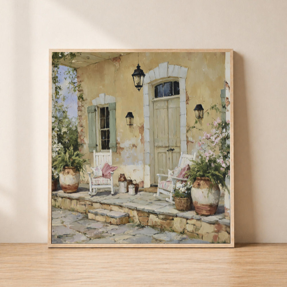 French Country Porch Wall Art, Rustic Cottage Print, Farmhouse Patio Decor, Vintage Home Exterior Canvas, Cozy Cottage Artwork