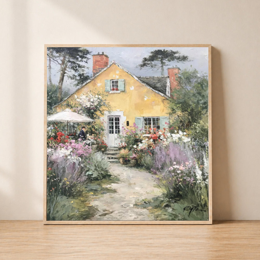 Yellow Cottage Garden Wall Art, Cottagecore Landscape Artwork Print, English Cottage Decor, Floral Countryside Canvas, Rustic Home Accent