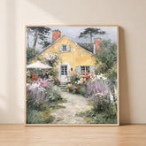 Yellow Cottage Garden Wall Art, Cottagecore Landscape Artwork Print, English Cottage Decor, Floral Countryside Canvas, Rustic Home Accent