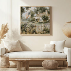 American Farmhouse Wall Art, Rustic Country Home Print, Patriotic Farm Decor, Vintage Landscape Canvas, Cottagecore Country Artwork