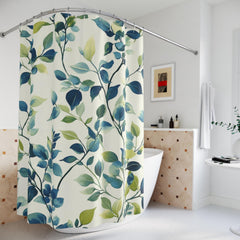 Blue Green Leaf Shower Curtain, Botanical Bathroom Decor, Coastal Nature Bath Curtain, Modern Plant Bathroom