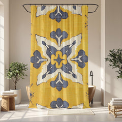Ikat Tile Shower Curtain, Yellow Gray Bathroom Decor, Boho Geometric Bath Curtain, Modern Pattern Design