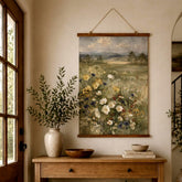 Wildflower Meadow Tapestry Wall Hanging, Soft Floral Field Fabric Tapestry, Calm Country Landscape Tapestry, Neutral Cottage Bedroom Decor