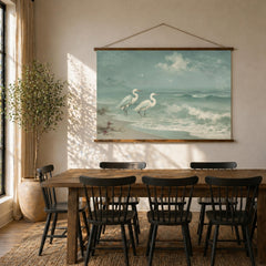 Coastal Egret Beach Tapestry Wall Hanging, Soft Teal Ocean Fabric Tapestry, Calm Shoreline Decor, Serene Coastal Room Accent