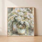 White Floral Basket Wall Art, Cottagecore Floral Print, Rustic Garden Canvas, Vintage Flower Arrangement Artwork, Soft Neutral Home Decor