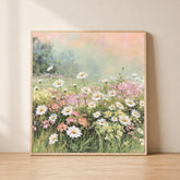 Daisy Meadow Wall Art, Cottagecore Floral Landscape Canvas, Pastel Wildflower Print, Rustic Spring Decor, Soft Countryside Artwork