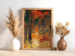 Woodland Path Framed Canvas Print, Gustav Klimt Inspired Enchanted Forest Wall Art, Moody Autumn Landscape Artwork, Rustic Nature Decor