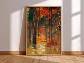 Woodland Path Framed Canvas Print, Gustav Klimt Inspired Enchanted Forest Wall Art, Moody Autumn Landscape Artwork, Rustic Nature Decor