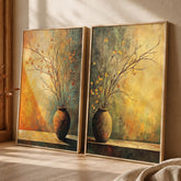Rustic Vase Wall Art Set of 2, Neutral Botanical Framed Canvas Prints Duo, Moody Still Life Artwork, Modern Organic Home Decor