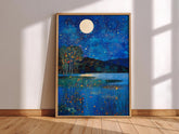 Celestial Waterscape Framed Wall Print, Blue Night Landscape Artwork, Gustav Klimt Inspired Moonlit Lake Canvas Decor
