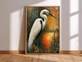 Coastal Bird Framed Canvas, Marsh Wildlife Artwork Prints, White Egret Wall Art, Neutral Nature Home Decor