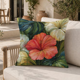 Hibiscus Throw Pillow, Tropical Floral Cushion Cover, Botanical Jungle Pillowcase, Elegant Island Outdoor Pillow, Moody Coastal Decor
