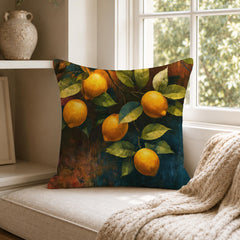 Lemon Branch Throw Pillow, Citrus Botanical Cushion Cover, Moody Mediterranean Pillowcase, Rustic Outdoor Pillow, Kitchen Decor Accent