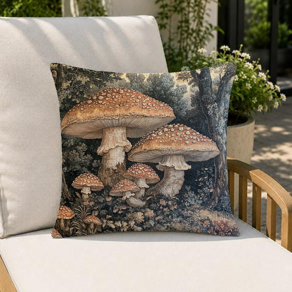 Mushroom Outdoor Pillow, Woodland Forest Cushion, Cottagecore Patio Decor, Rustic Nature Porch Pillow, Botanical Pillowcase