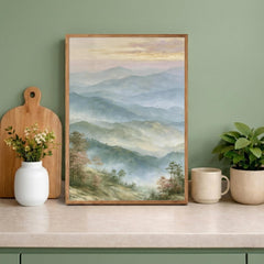 Misty Mountain Wall Art Print, Blue Ridge Mountains Portrait Print, Soft Pastel Landscape Wall Decor, Foggy Forest Vertical Art Print