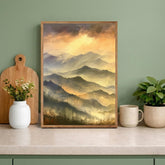 Blue Ridge Mountains Portrait Print, Mountain Sunset Wall Art Print, Warm Amber Landscape Decor, Moody Mountain Canvas Print