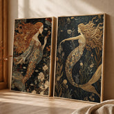 Set of 2 Mermaid Wall Art, Mystical Ocean Framed Canvas Prints Duo, Vintage Fantasy Mermaid Artwork, Moody Coastal Home Decor