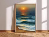 Coastal Sunset Framed Canvas, Ocean Waves Wall Art, Beach Wave Artwork Prints, Serene Coastal Home Decor