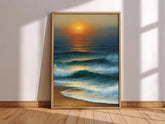 Coastal Sunset Framed Canvas, Ocean Waves Wall Art, Beach Wave Artwork Prints, Serene Coastal Home Decor