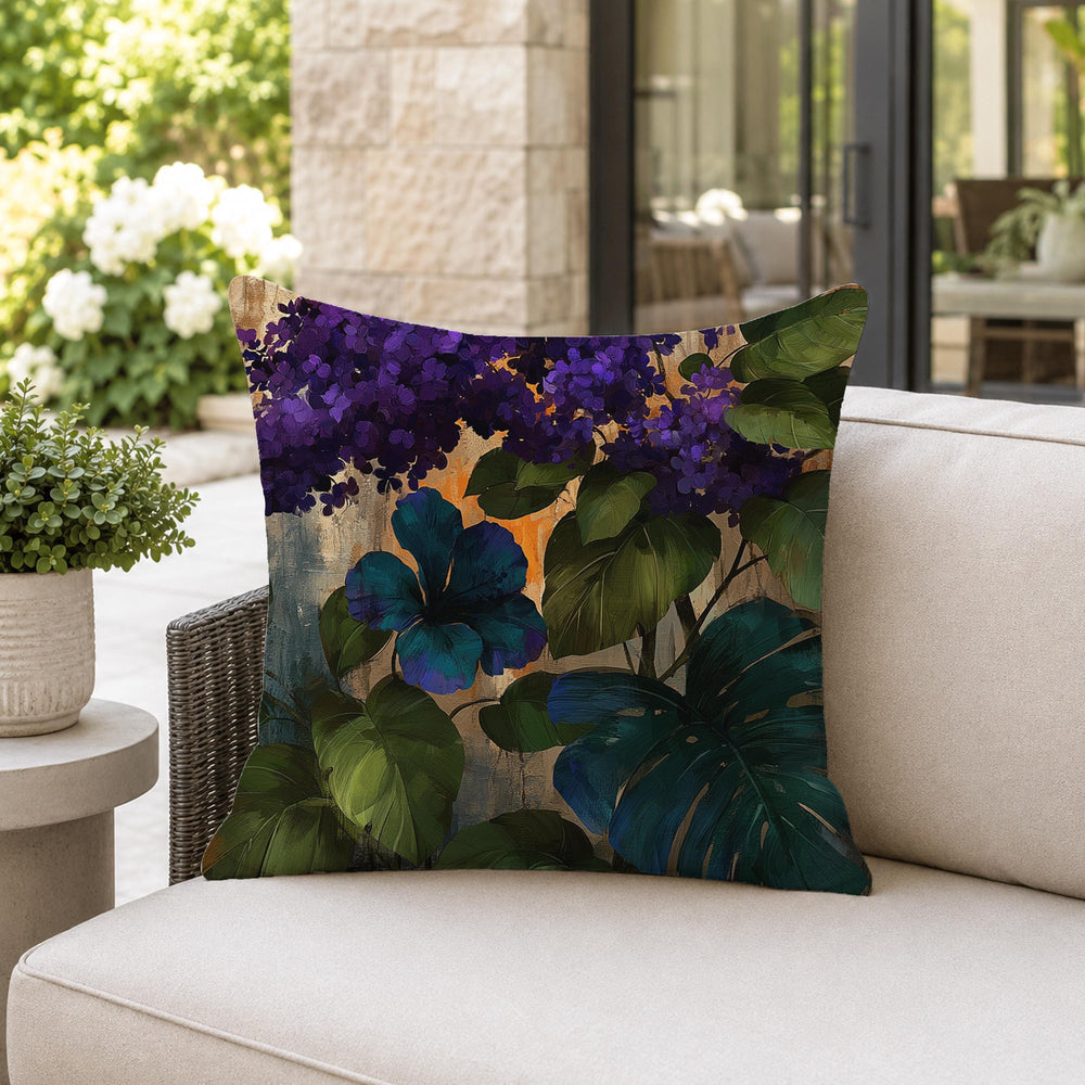 Summer Outdoor Patio Pillow, Purple Floral Throw Pillow, Moody Botanical Cushion Cover, Hydrangea Pillowcase, Elegant Decor Accent