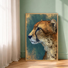 Cheetah Portrait Wall Art Print, Emerald Green Animal Print Decor, Moody Wild Cat Canvas, Teal Gold Wildlife Wall Art,Bold Safari Room Decor