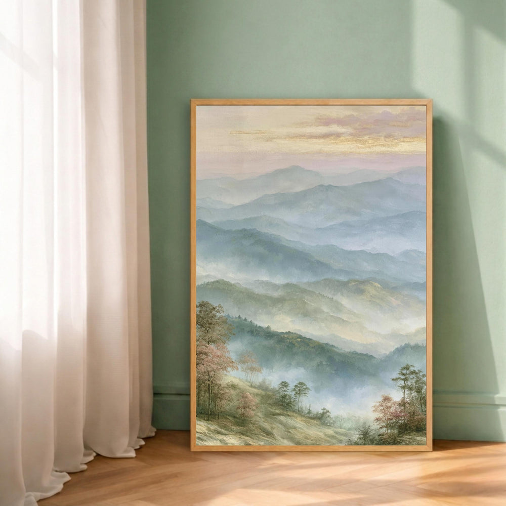 Misty Mountain Wall Art Print, Blue Ridge Mountains Portrait Print, Soft Pastel Landscape Wall Decor, Foggy Forest Vertical Art Print
