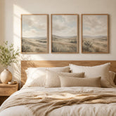 Set of 3 Landscape Wall Art, Neutral Countryside Canvas, Soft Mountain Meadow Artwork, Earthy Bedroom Farmhouse Wall Decor