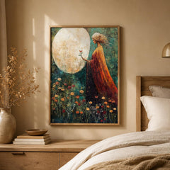 Moonlit Woman Wall Art Print, Celestial Bedroom Decor, Mystical Feminine Artwork, Boho Spiritual Home Accent, Dreamy Gift for Her