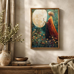 Moonlit Woman Wall Art Print, Celestial Bedroom Decor, Mystical Feminine Artwork, Boho Spiritual Home Accent, Dreamy Gift for Her