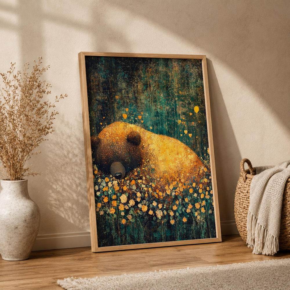 Sleeping Bear Woodland Nursery Art Print, Cozy Forest Animal Artwork, Woodland Baby Room Decor, Rustic Wildlife Wall Hanging