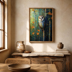 Woodland Owl Wall Art Print, Rustic Cabin Decor, Forest Animal Artwork, Cozy Cottage Wall Hanging, Nature Inspired Gift