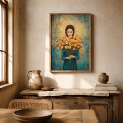 Vintage Floral Portrait Wall Art Print, Cottagecore Woman Artwork, Romantic Bedroom Decor, Feminine Living Room Accent