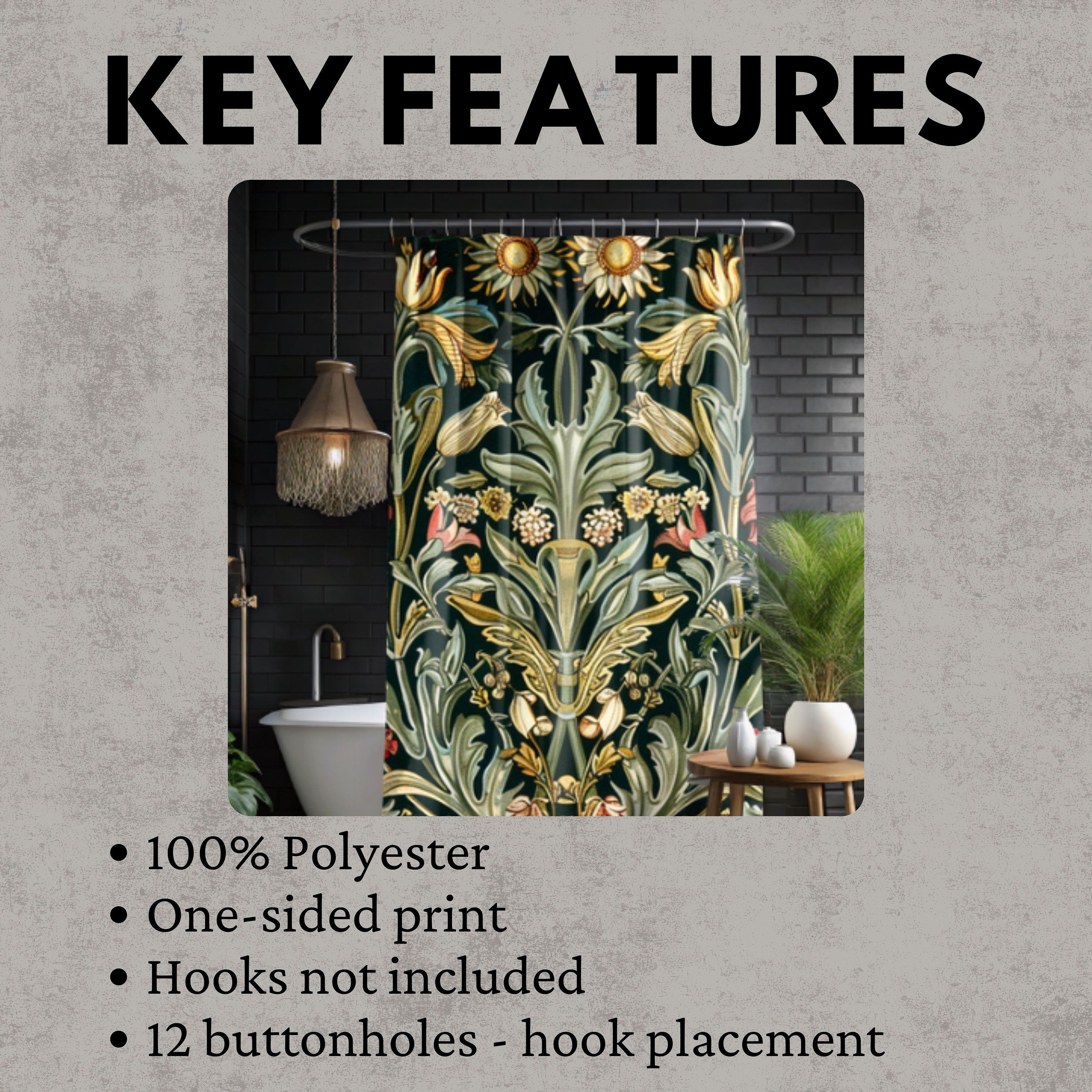 William Morris Floral Print Shower Curtain, Floral Bathroom Decor, William Morris Inspired Bathroom Display, Vintage Floral Shower Curtain