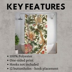 Vintage Floral William Morris Printed Shower Curtain, Floral Bathroom Decor, William Morris Inspired Bathroom Display, Floral Shower Curtain