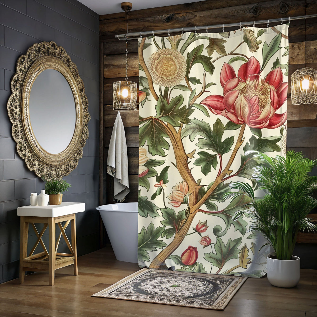 Vintage Floral William Morris Printed Shower Curtain, Floral Bathroom Decor, William Morris Inspired Bathroom Display, Floral Shower Curtain
