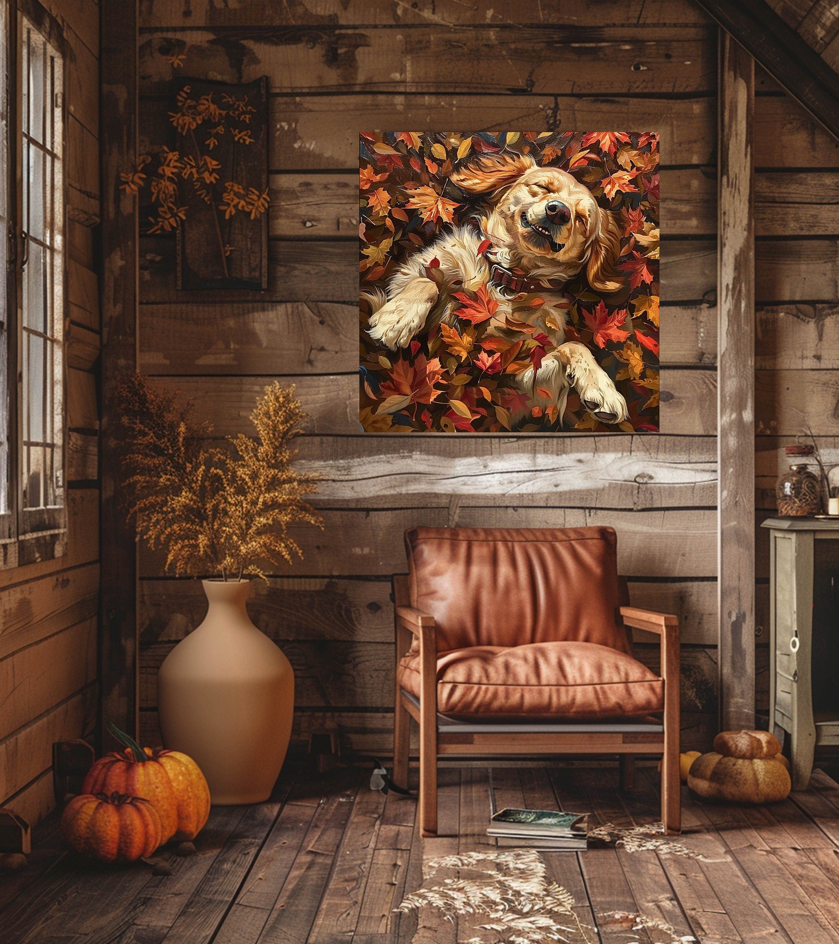 Golden Retriever Autumn Wall Art, Fall Painting-Stretched Canvas Print, Dog Lover Farmhouse Decor, Rustic Wall Art Fall, Farmhouse Wall Art