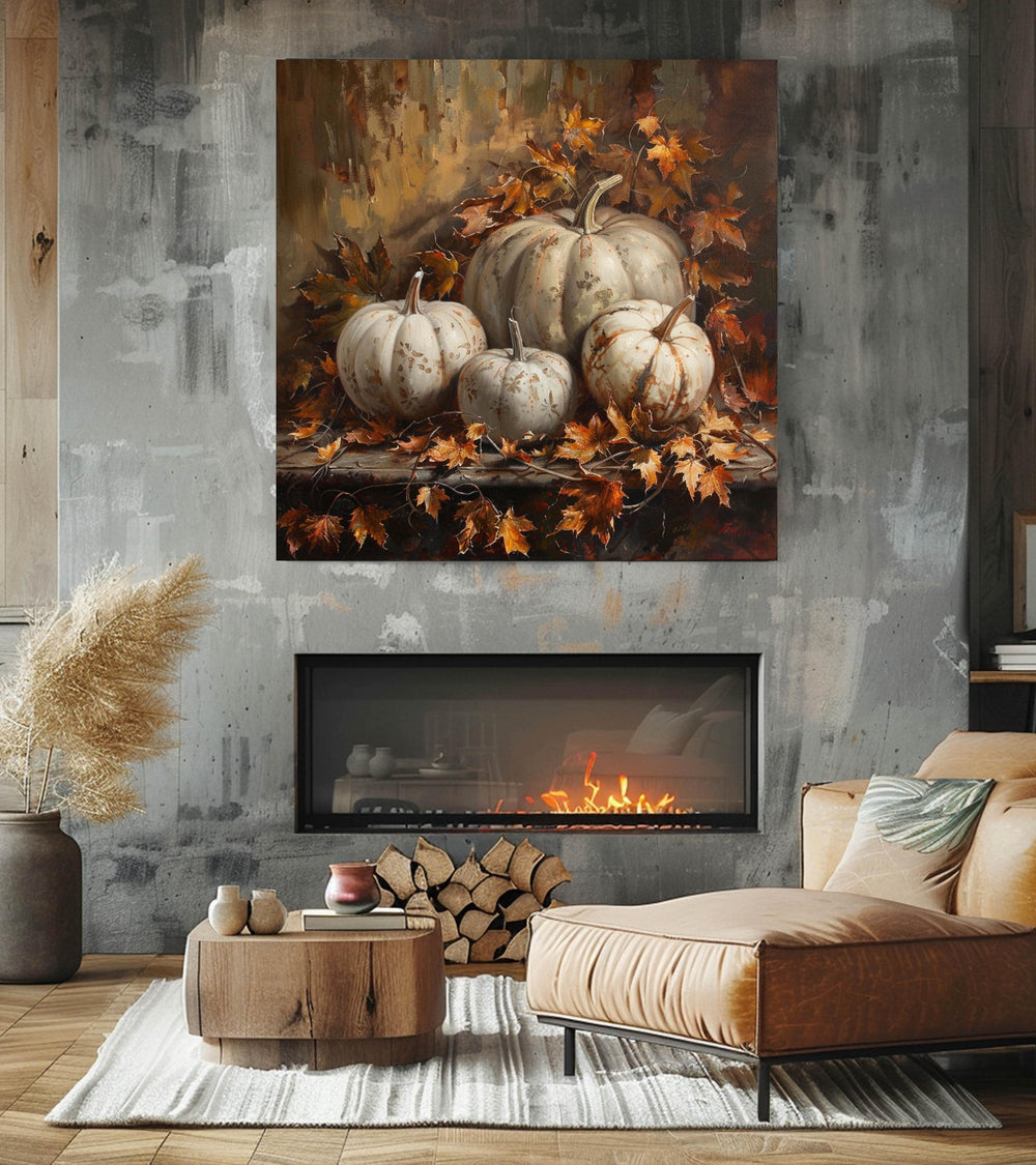 White Pumpkin and Autumn Leaves Still Life Canvas Wall Art, Fall Home Decor, Rustic Harvest Painting, Thanksgiving Decor for Gathering