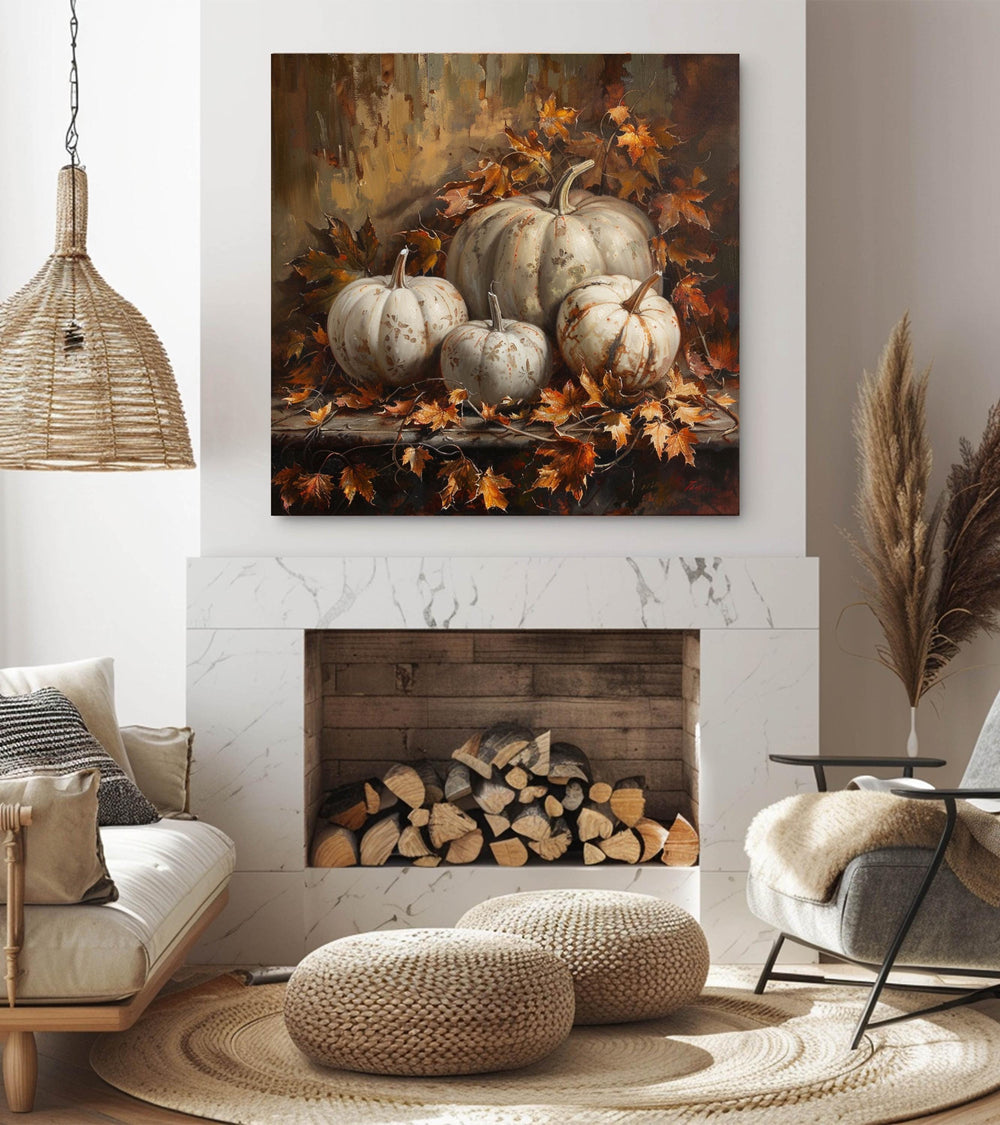 White Pumpkin and Autumn Leaves Still Life Canvas Wall Art, Fall Home Decor, Rustic Harvest Painting, Thanksgiving Decor for Gathering