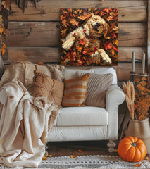 Golden Retriever Autumn Wall Art, Fall Painting-Stretched Canvas Print, Dog Lover Farmhouse Decor, Rustic Wall Art Fall, Farmhouse Wall Art