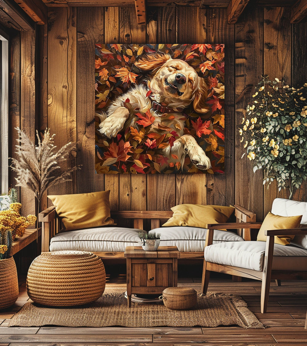 Golden Retriever Autumn Wall Art, Fall Painting-Stretched Canvas Print, Dog Lover Farmhouse Decor, Rustic Wall Art Fall, Farmhouse Wall Art