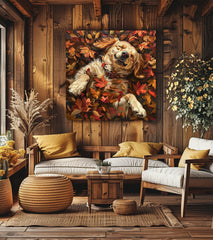 Golden Retriever Autumn Wall Art, Fall Painting-Stretched Canvas Print, Dog Lover Farmhouse Decor, Rustic Wall Art Fall, Farmhouse Wall Art