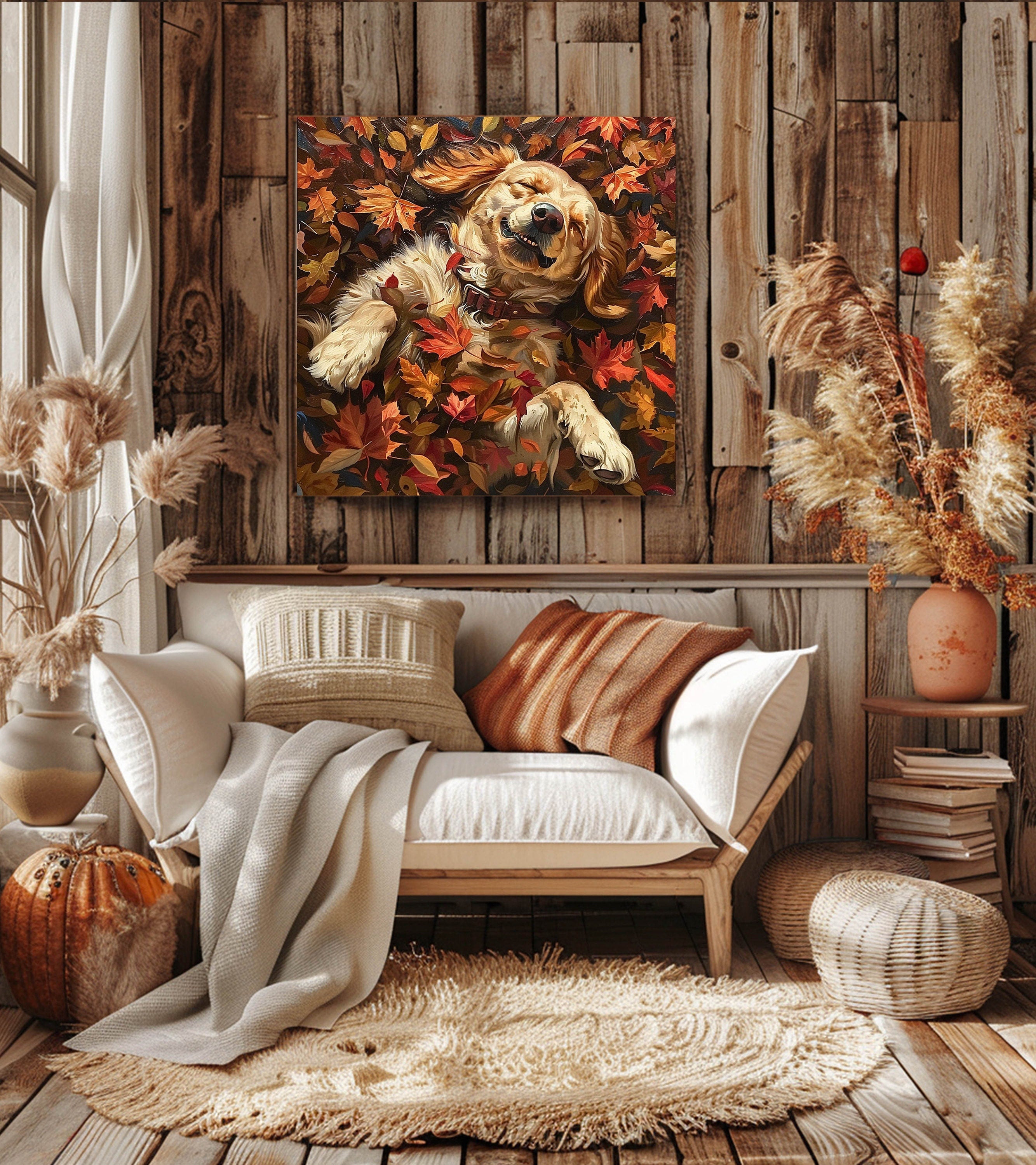 Golden Retriever Autumn Wall Art, Fall Painting-Stretched Canvas Print, Dog Lover Farmhouse Decor, Rustic Wall Art Fall, Farmhouse Wall Art