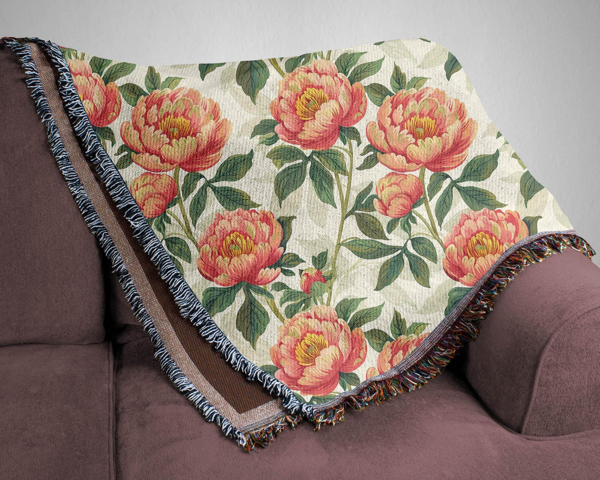 Bright Peonies Pattern Blanket, Vibrant Floral Throw, Multi-Color Tapestry Blanket, Peonies Floral Blanket, Cotton Throws, Housewarming Gift