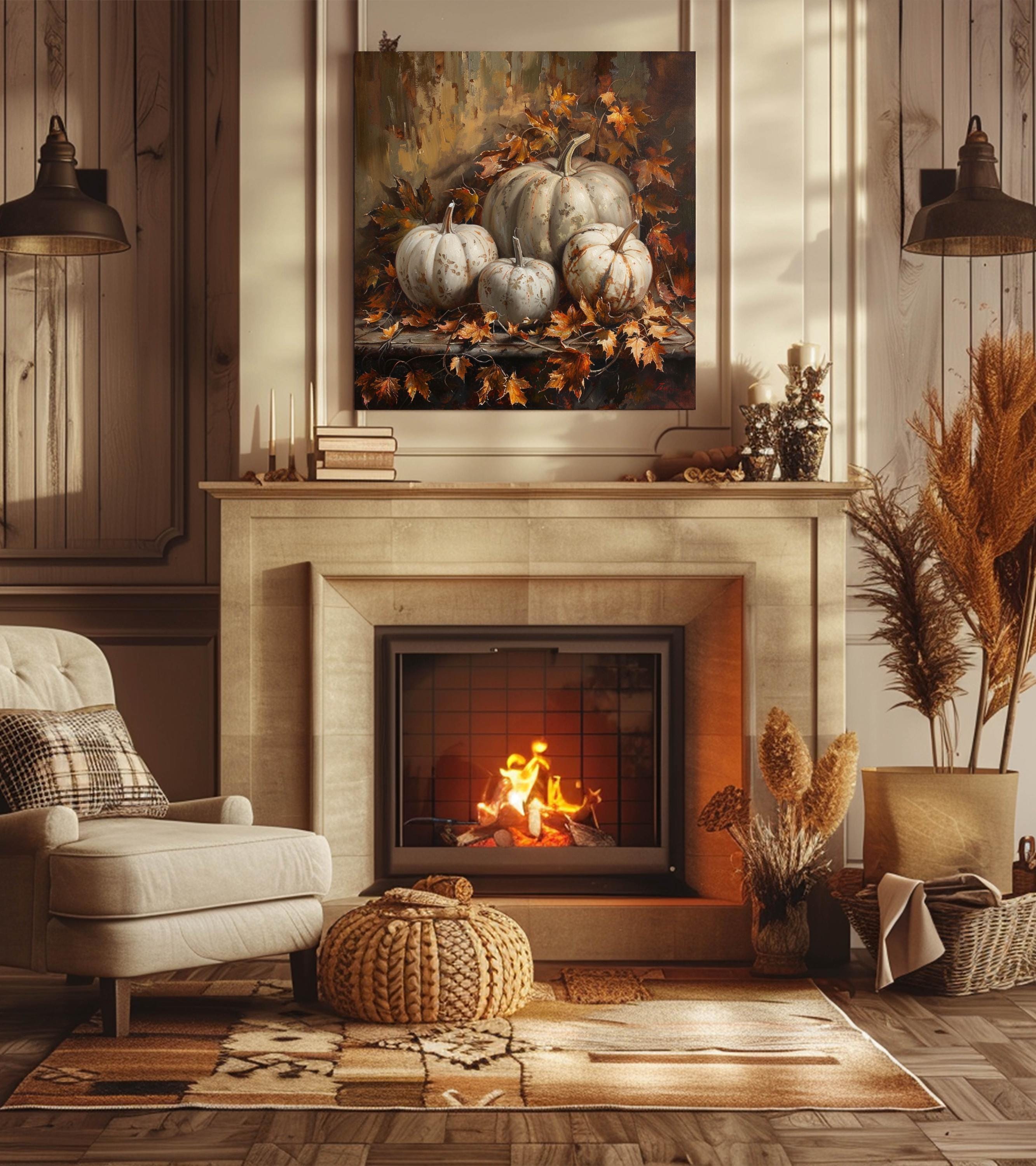 White Pumpkin and Autumn Leaves Still Life Canvas Wall Art, Fall Home Decor, Rustic Harvest Painting, Thanksgiving Decor for Gathering