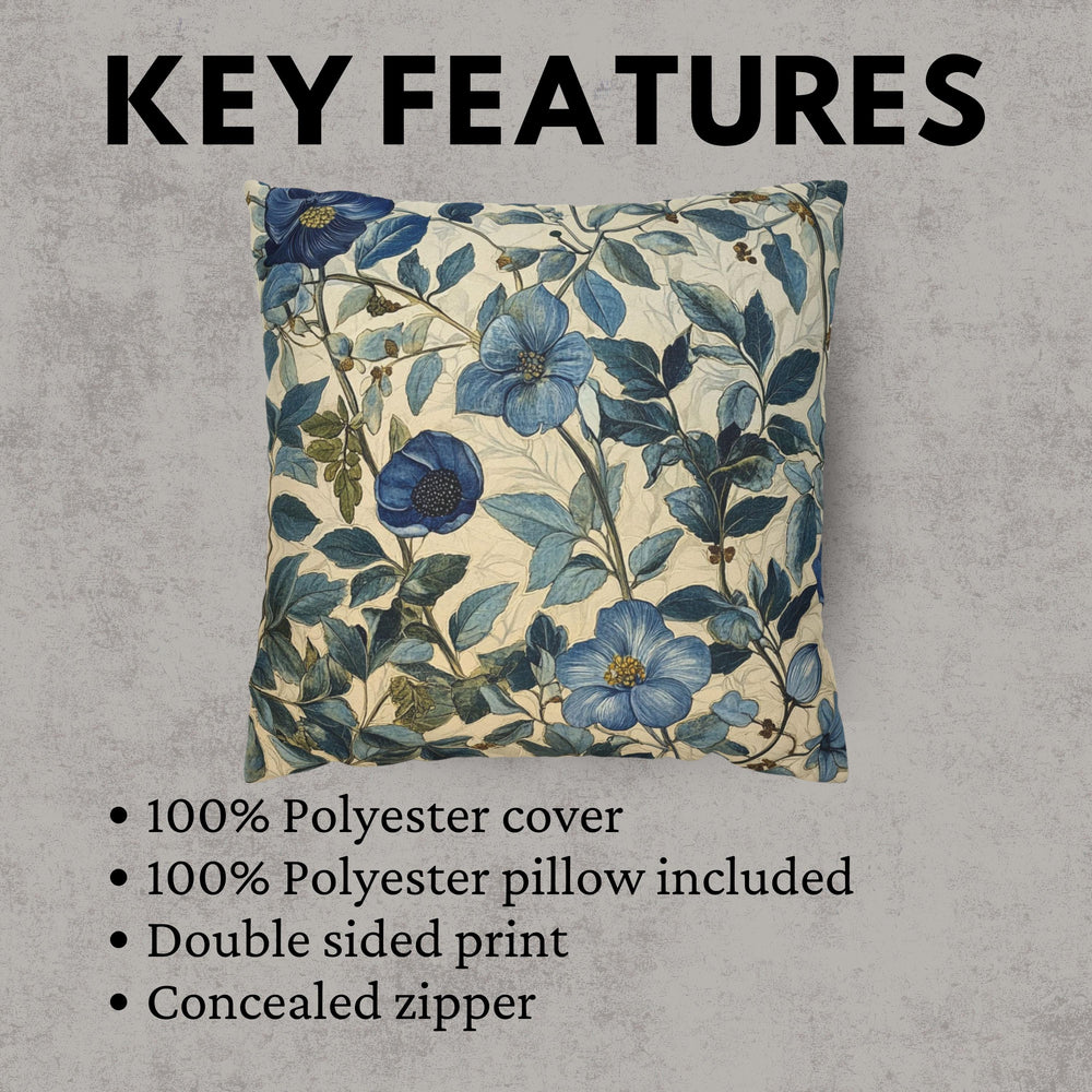 William Morris Inspired Throw Pillow Covers, Square Pillows for Farmhouse, Vintage Floral Cushion Cover, Blue Pillows, Floral Pillow Cases